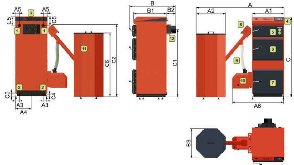 Wymiary kotłów peletowych TEKLA DRACO D BIO TEKLA DRACO D BIO wymiary