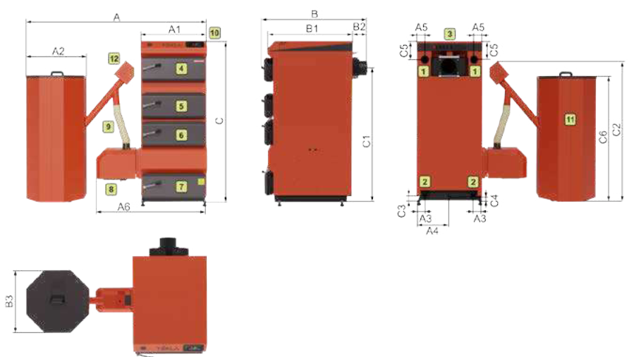 Wymiary kotłów peletowych TEKLA DRACO D BIO TEKLA DRACO D BIO wymiary