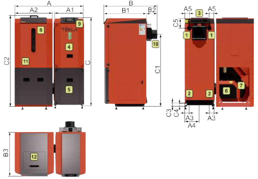 Wymiary kotłów peletowych TEKLA DRACO D BIO TEKLA DRACO D BIO wymiary
