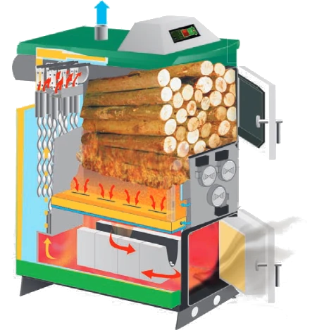 Kocioł na drewno ORLAN Super Przekrój przez komorę spalnia drewna kotła Orlan Super