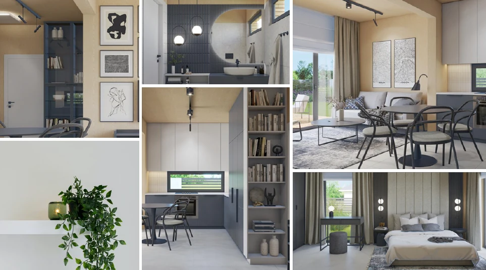 Visualizations of arrangements for a wooden house in CLT technology