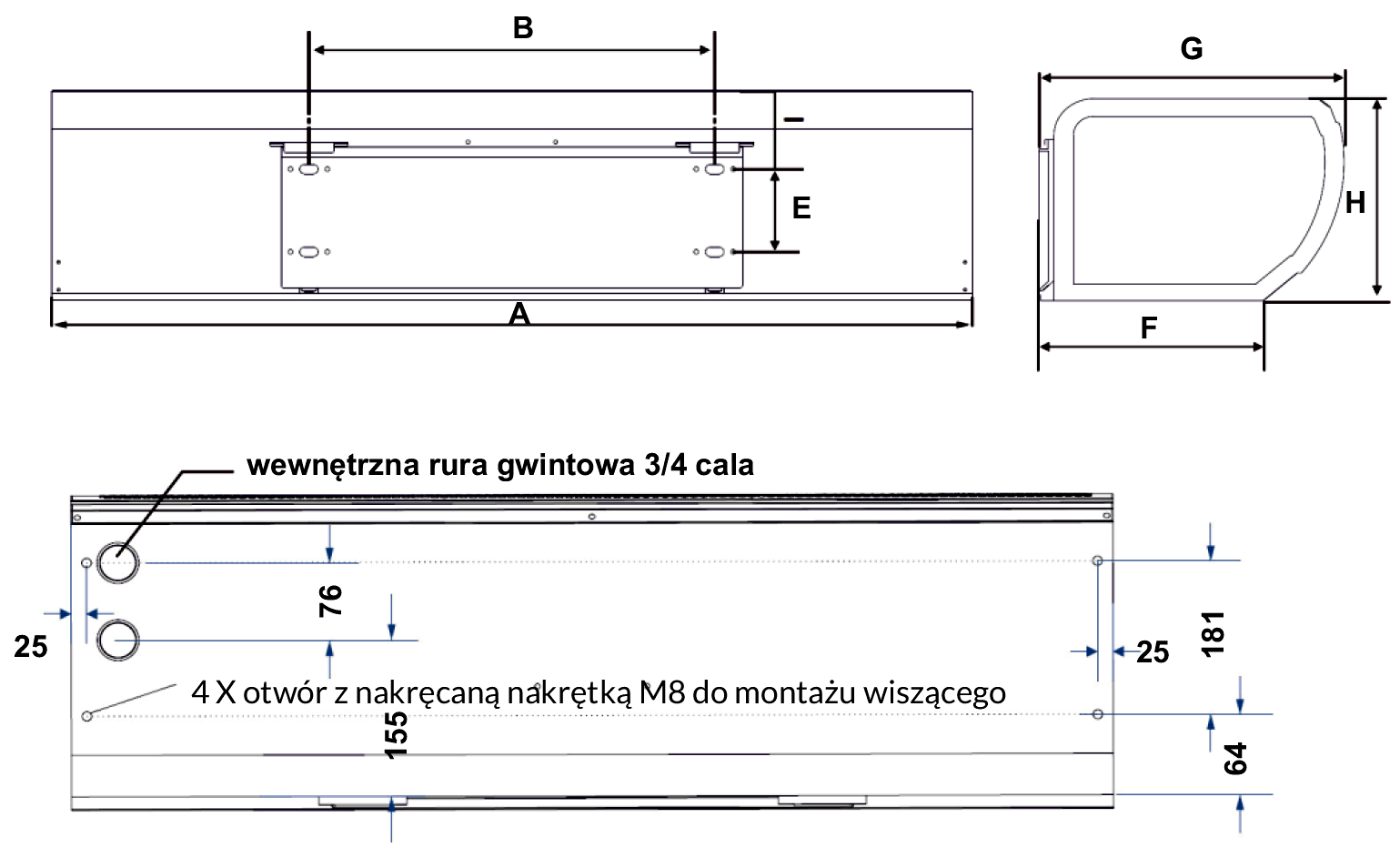 Wymiary kurtyny powietrznej z nagrzewnicą wodną REVENTON REVENTON AERIS WN-1P